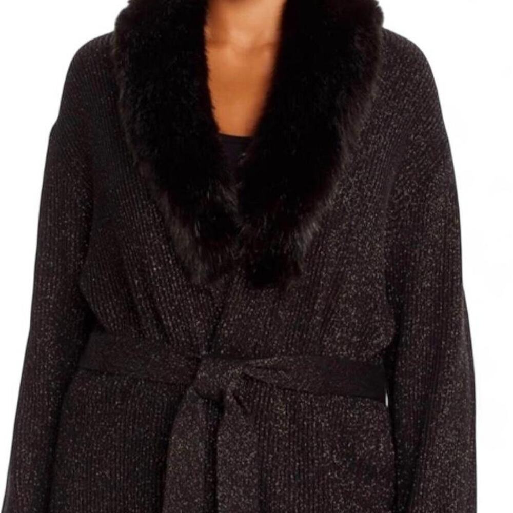 Michael Kors Black Faux Fur Collar Metallic Silver Knit Cardigan Sweater Glam M